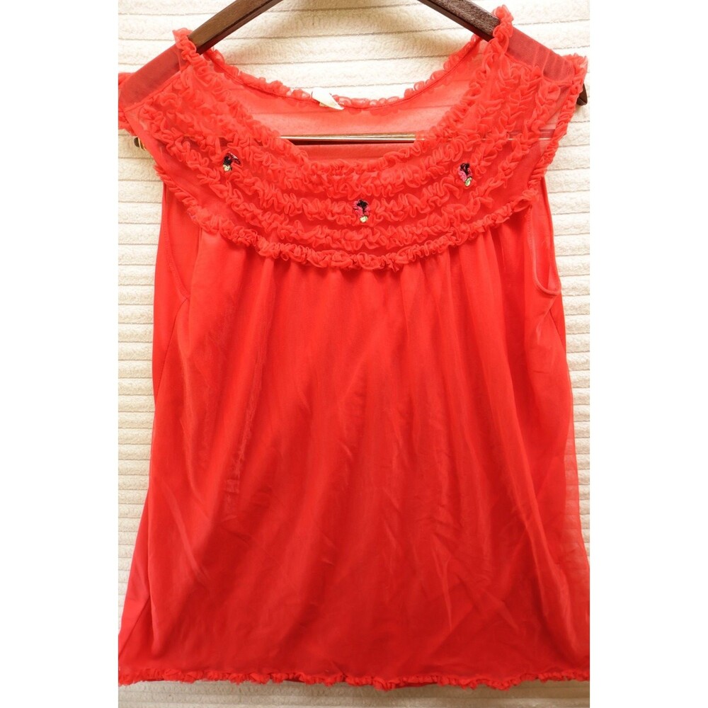 Vintage 1970's Women's Large Night Dress Sheer Nylon Vivid Red Salmon Color